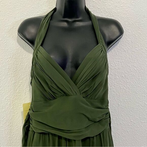 Y2K BCBG Maxaria Boho Green 100% Silk Chiffon Sequin Ruched Halter Dress 10 L - Picture 3 of 16